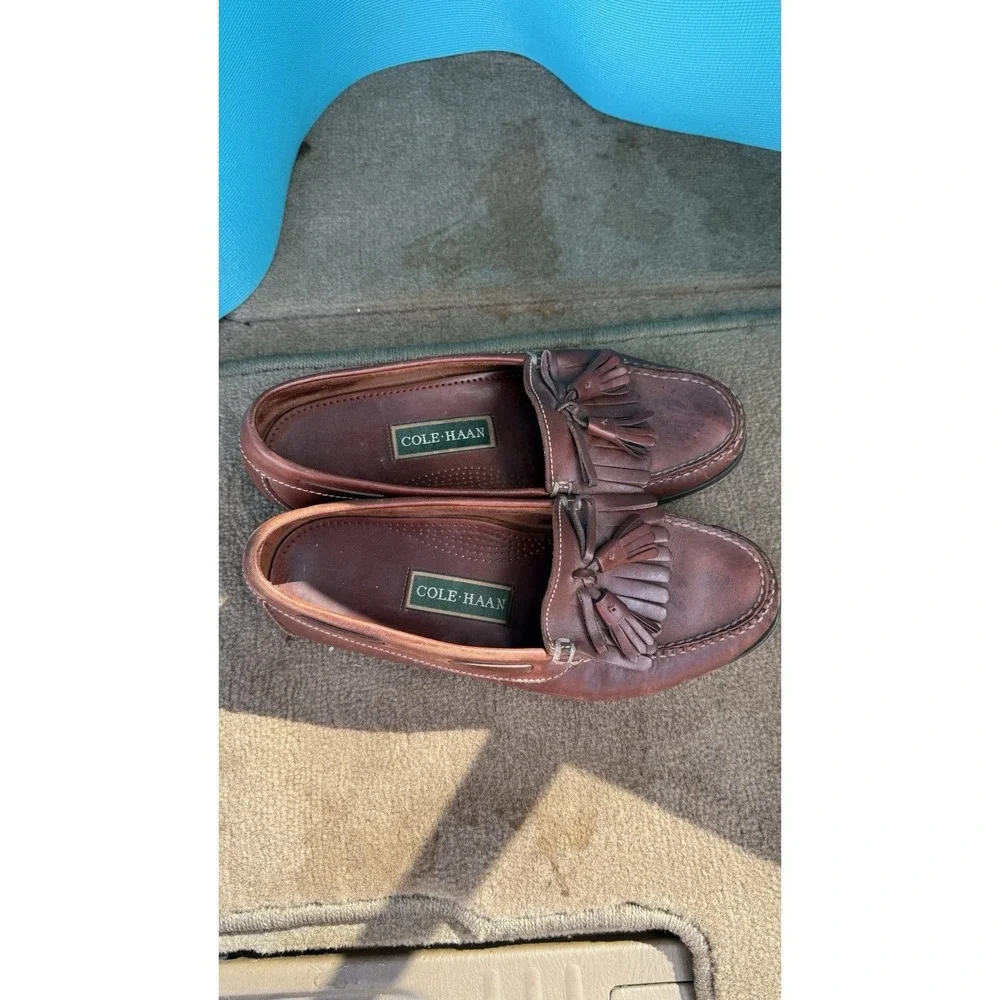 Cole Haan Men 9.5 Brown Leather Kiltie Tassel Loafers Boat Driving Shoes Moc Toe